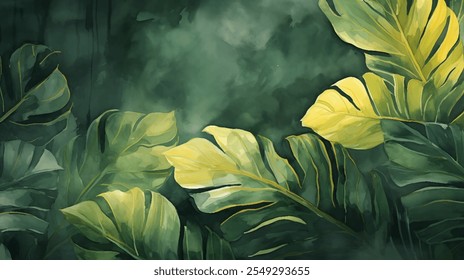 A lush palette of green and gold watercolor background. Large, elegant leaves dominate the canvas, refreshing and inspiring ambience vector design. Elegant artistry for home decor, office interiors