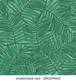 Lush palm leaves seamless pattern. Jungle greenery background for print, textile, fabric, cover design. Dark green tropical leaf in line art style. Vector illustration