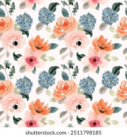 lush peach blue flower watercolor seamless pattern