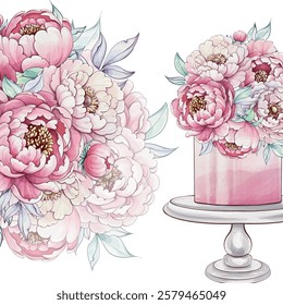 Lush peonies bloom vibrantly in shades of pink and white, elegantly arranged atop a delicate cake stand with soft green foliage template, background