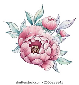 Lush peonies blossom in soft pink and white tones, surrounded by gentle green leaves, reflecting elegance and tranquility in watercolor artistry