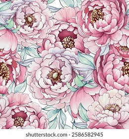 Lush peonies burst in soft pinks and whites, their delicate petals intertwining with gentle greens to form a vibrant floral tapestry seamless pattern, background