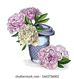 Lush peonies in a coffee cup, hand drawn vector illustration, full color sketch