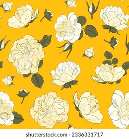 lush peonies, roses seamless pattern. Delicate floral background, hand drawing