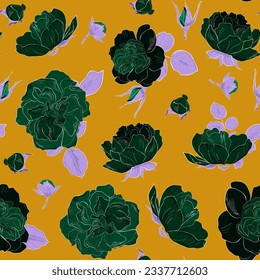 lush peonies, roses seamless pattern. Delicate floral background, hand drawing