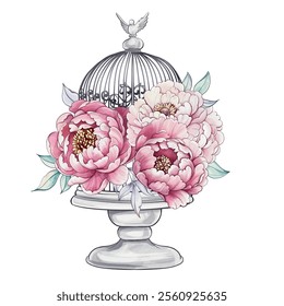 Lush peonies in soft pink hues rest gracefully within a charming birdcage, capturing timeless elegance and tranquility