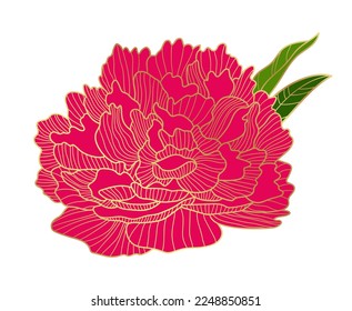 A lush peony bud with a golden outline. Beautiful blooming red peony flower. Elements for the design of postcards, invitations, etc. Vector illustration on a white background.