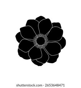 Exuberante flor de peônia ou camélia como um ícone de silhueta preto sólido. Simples gráfico floral para projetos românticos, casamentos ou branding.