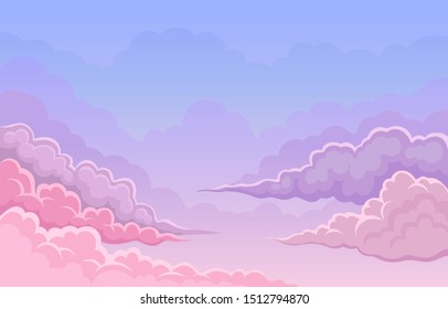 Lush pink and lilac clouds on the sky. Vector illustration.
