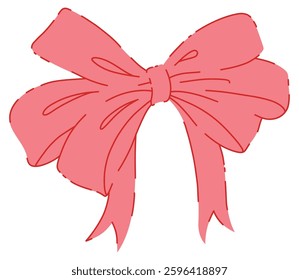 Lush Pink Triple Loop Ribbon Bow Hand Drawn Illustration Isolated on White Background. Cute Girly Bowknot for Gifts, Present Knots or Hairstyle