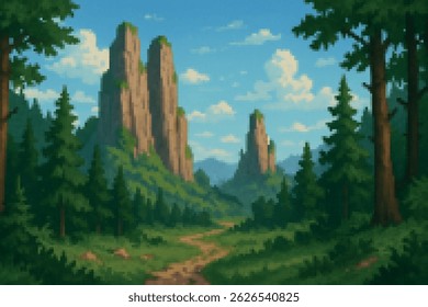 Lush pixel forest with towering rock formations and a dirt path leading into the distance. Great for side-scrolling platformers or fantasy game settings.