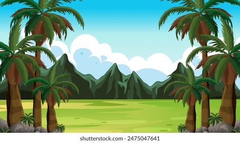 Lush prehistoric scene with mountains and palm trees