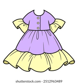 Lush purple and yellow light dress with a skirt in several layers. Image produced without the use of any form of AI software at any stage.