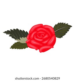 Una cabeza de rosa roja con dos hojas en un lado de la flor y una hoja en el lado opuesto. Ilustración vectorial sobre fondo blanco.
