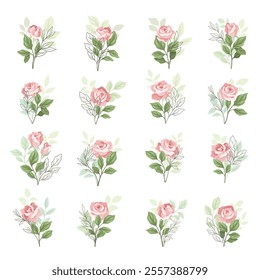 Lush Rose Bud on Stem with Leaf Vector Set