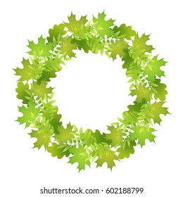 Lush round frame of green leaves. Vector illustration.