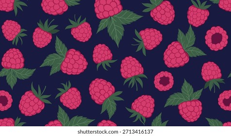 Exuberante patrón sin fisuras que muestra una dispersión de frambuesas rosadas vibrantes con hojas verdes frescas, elegantemente colocadas sobre un fondo azul oscuro profundo.