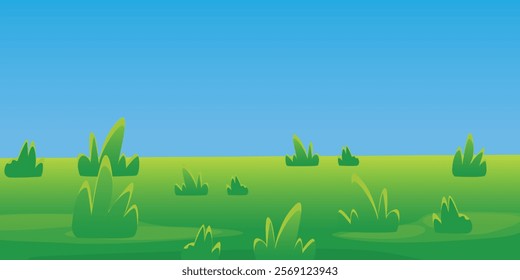 Lush, short grassy field with vibrant green blades, evenly spread under soft sunlight. Ideal for landscapes, nature scenes, and outdoor-themed designs.