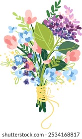 Buquê de primavera exuberante de flores silvestres amarrado com fita. Bela composição de azul, rosa, roxo, amarelo Flores frescas para presente no Dia das mulheres 8 de março, aniversário e dia das mães
