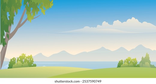 A lush summer landscape with green trees and a sunny sky, perfect for warm-weather projects and seasonal promotions.