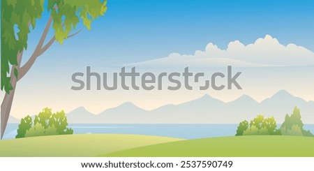 A lush summer landscape with green trees and a sunny sky, perfect for warm-weather projects and seasonal promotions.