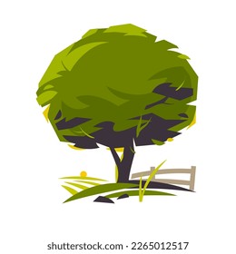 Lush summer tree against the field and sun, in flat style, isolated on white background