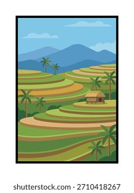 Lush Terraced Rice Fields Across Rolling Green Hill