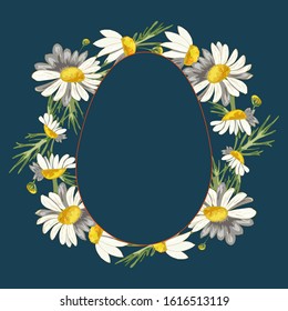 A lush, thick, beautiful wreath of field daisies on a classic blue background with a plate in the form of an egg with a fringing juicy lava. Pharmacy medicinal chamomile with leaves.