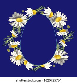 A lush, thick, beautiful wreath of field daisies on a phantom blue background with a plate in the form of an egg with a fringing aqua menthe. Pharmacy medicinal chamomile with leaves.  Spring pattern.