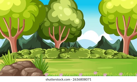 Lush trees and mountains under a clear blue sky