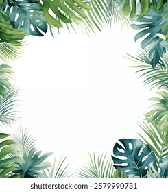 Lush tropical border of exotic leaves vector background. Variety of green palm and other tropical foliage frame with a fresh and natural feel. Watercolor style leaves in range of green colors