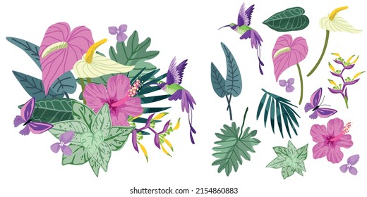 Lush tropical bouquet with pink flowers, flowers and leaves, hand drawn vector art