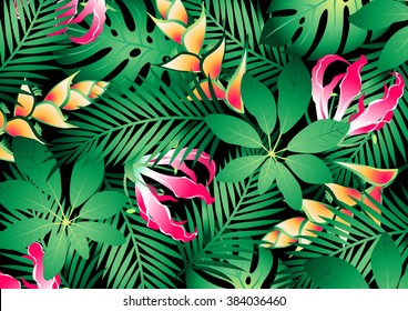 Lush tropical flowers and plants background .