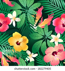 Lush tropical flowers seamless pattern on a green background.