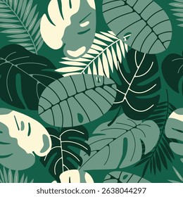 Lush tropical foliage seamless pattern with palm and monstera leaves for digital backgrounds and web design. Vector illustration