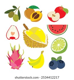 Seleção de frutas tropicais exuberantes. ilustração vetorial