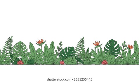 Lush tropical jungle foliage with vibrant exotic flowers border design