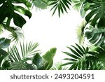 Lush Tropical Leaves Border with White Center. Vector illustration design.