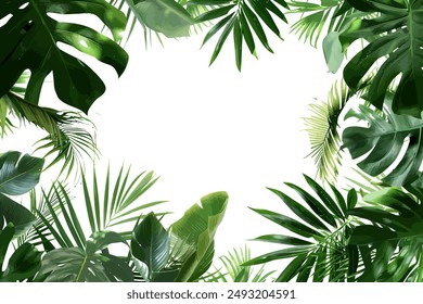 Lush Tropical Leaves Border with White Center. Vector illustration design.