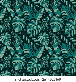 Lush Tropical Leaves Seamless Pattern on Dark Background