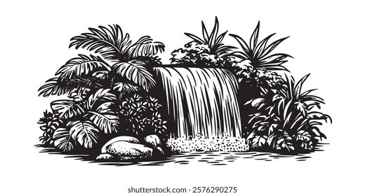 lush tropical waterfall surrounded by exotic plants hand-drawn black and white illustration