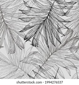 Lush tropics foliage background. Tropical seamless pattern: line sketch palm leaves silhouettes. Jungle vector art. Hand drawn exotic illustration for summer design, beach swimwear, fabric, wallpaper