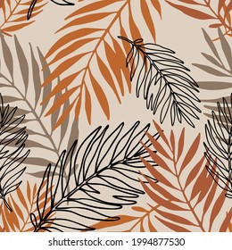 Lush tropics foliage background. Tropical seamless pattern: line sketch palm leaves silhouettes. Jungle vector art. Hand drawn exotic illustration for summer design, beach swimwear, fabric, wallpaper