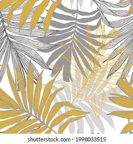 Lush tropics foliage background. Tropical seamless pattern: line sketch palm leaves silhouettes. Jungle vector art. Hand drawn exotic illustration for summer design, beach swimwear, fabric, wallpaper