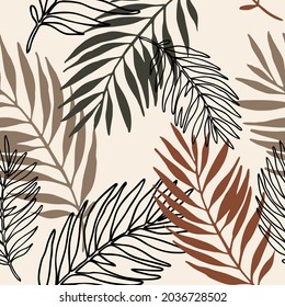 Lush tropics foliage background. Tropical seamless pattern: line sketch palm leaves silhouettes. Jungle vector art. Hand drawn exotic illustration for summer design, beach swimwear, fabric, wallpaper