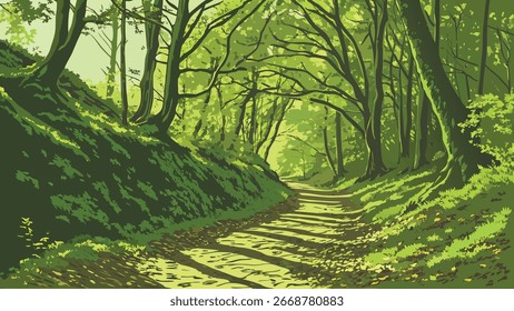 A paisagem vetorial exuberante de um caminho de floresta