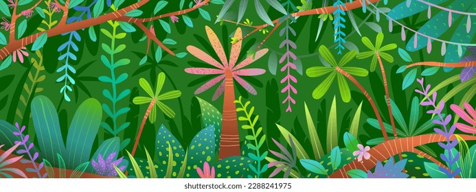 Lush and vibrant abstract jungle, hand drawn graphic trees and plants wallpaper for kids. Wild nature with palm trees flowers and lianas, exotic texture design. Vector rainforest background children.