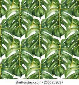 Lush and vibrant tropical monstera leaves vector seamless pattern. Natural beauty of the leaf veins and edges, creating a fresh, organic design.