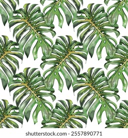 Lush and vibrant tropical monstera leaves vector seamless pattern. Natural beauty of the leaf veins and edges, creating a fresh, organic design.