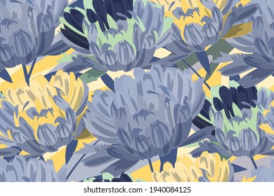 Lush, voluminous flowers in a watercolor style. Vector seamless floral pattern. Yellow and blue blooming flower heads.